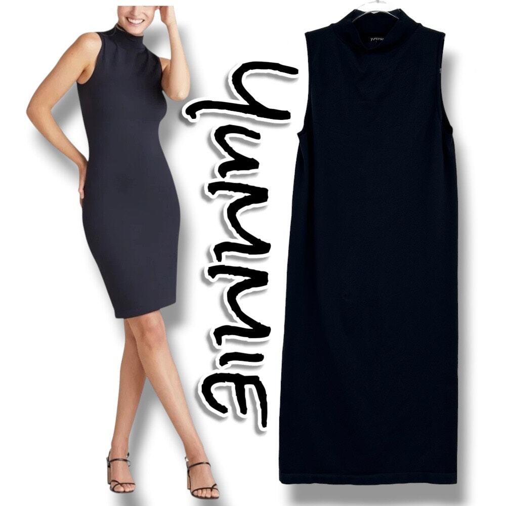Yummie Black Sleeveless Mock Neck Bodycon Midi Dress Shaping Size L Slimming